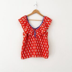 J Crew Orange Classic Block Floral Print Ruffle V Neck Top